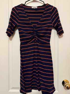 Striped Navy and Orange V-Neck Ruched Mini Dress